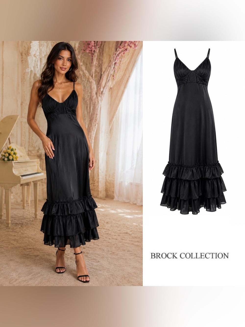 NEW BROCK Quirinale Woven Dress Black Ruffle Midi Dress